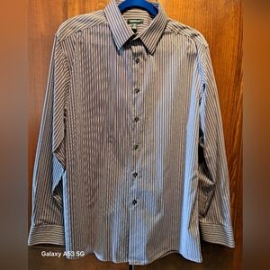 Claiborne Maroon And White Vertical Stripe Dress Shirt